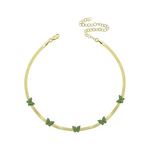 Sterling Silver Yellow Gold Plated Butterfly Charm Herringbone Necklace With Emerald Green Cubic Zirconia
