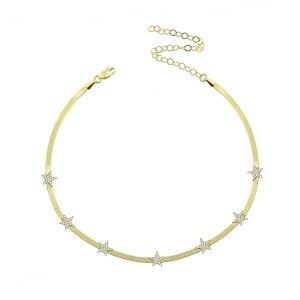 Sterling Silver Yellow Gold Plated Star Charm Herringbone Necklace With White Cubic Zirconia