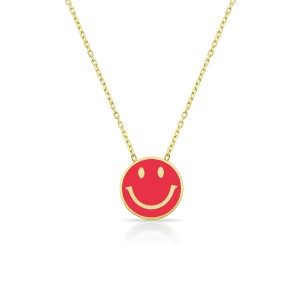 Sterling Silver Yellow Gold Plated Hot Pink Smiley Face Necklace
