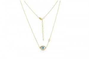 Sterling Silver Yellow Gold Plated Evil Eye Necklace With Mother Of Pearl & CZ 16+2"