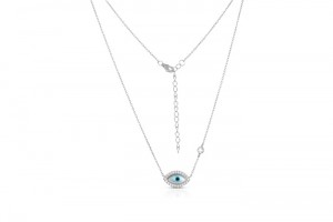 Sterling Silver Rhodium Plated Evil Eye Necklace With Mother Of Pearl & CZ 16+2"