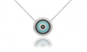 Sterling Silver Rhodium Plated Evil Eye Necklace With Turquoise & CZ 16+2"