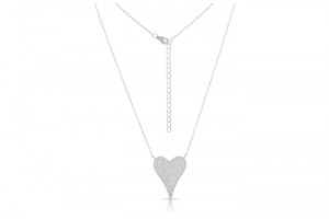 Sterling Silver Rhodium Plated Pave Heart Necklace With CZ 16+2"