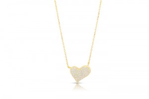Sterling Silver Yellow Gold Plated Pave Heart Necklace With CZ 16+2"