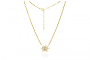 Sterling Silver Yellow Gold Plated Starburst Necklace With CZ 16+2"