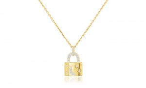 Sterling Silver Yellow Gold Plated Pad Lock Star Moon Necklace With CZ 16+2"