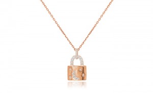 Sterling Silver Rose Gold Plated Pad Lock Star Moon Necklace With CZ 16+2"