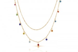 Sterling Silver Yellow Gold Plated 2 Layers Evil Eye Necklace With Multicolor Enamel 16+2"