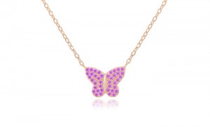 Sterling Silver Rose Gold Plated Butterfly Necklace With Pink CZ 16+2"