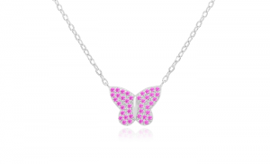 Sterling Silver Rhodium Plated Butterfly Necklace With Pink CZ 16+2"