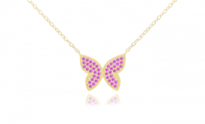 Sterling Silver Yellow Gold Plated Butterfly Necklace With Pink CZ 16+2"