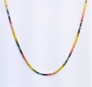 925 Sterling Silver Yellow Gold Plated 16" Long Square Cut Multicolor Rainbow Cubic Zirconia Tennis Necklace