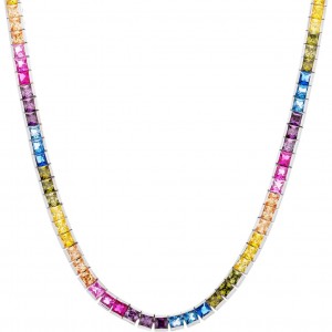 925 Sterling Silver 16" Long Square Cut Multicolor Rainbow Cubic Zirconia Tennis Necklace