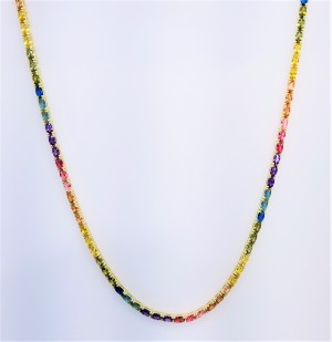 925 Sterling Silver Yellow Gold Plated 16" Long Oval Cut Multicolor Rainbow Cubic Zirconia Tennis Necklace