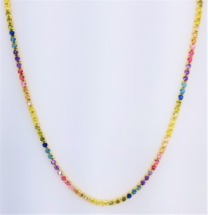 925 Sterling Silver Yellow Gold Plated 16" Long Round Cut Multicolor Rainbow Cubic Zirconia Tennis Necklace
