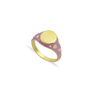 Sterling Silver Yellow Gold Plated Signet Ring With Lavender Enamel Heart Design