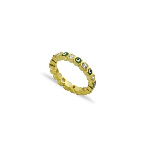 Sterling Silver Yellow Gold Plated Evil Eye Rings With Green Enamel & CZ