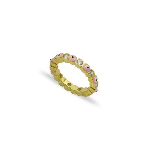 Sterling Silver Yellow Gold Plated Evil Eye Rings With Pink Enamel & CZ