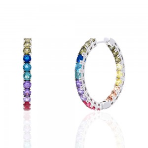 925 Sterling Silver Round Cut Rainbow Multi Color Cubic Zirconia Hoop Earrings