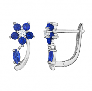 925 Sterling Silver Rhodium Plated Flower Sapphire Huggies Earrings