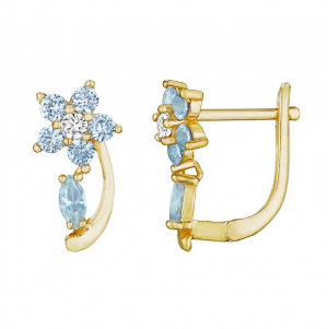 925 Sterling Silver Yellow Gold Plated Flower Blue Topaz Huggies Earrings