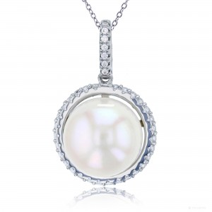 Sterling Silver Rhodium Plated 13mm Freshwater Pearl & Micropave Circle Frame 18" Necklace With CZ