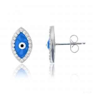 Sterling Silver Oval Evil Eye Stud Earrings With Enamel & Cubic Zirconia