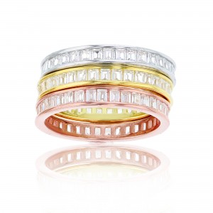 Sterling Silver Tricolor Baguette Channel Set Stack Ring With Cubic Zirconia