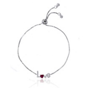 Sterling Silver Rhodium Plated Ruby Heart "Love" Adjustable Bolo Bracelet With Cubic Zirconia