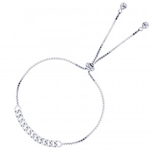 Sterling Silver Rhodium Plated Open Invert Linked Flexy Adjustable Bolo Bracelet With Cubic Zirconia