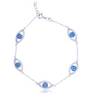Sterling Silver Rhodium Plated White & Blue Spinel CZ Evil Eyes Station Chained Bracelet With Cubic Zirconia 7.5+0.5"