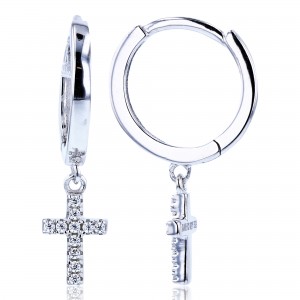 Sterling Silver Rhodium Plated Cross  Huggie Earrings With Cubic Zirconia
