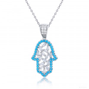 Sterling Silver Rhodium Plated Sky Blue & White CZ Hamsa 18" Necklace