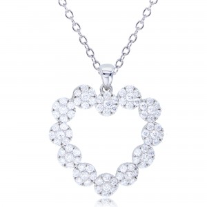 Sterling Silver Rhodium Plated Flower Heart Necklace With Cubic Zirconia 18" Small Size