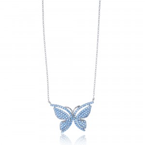 Sterling Silver Rhodium Plated Butterfly Necklace With Cubic Zirconia 16+2"