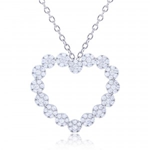 Sterling Silver Rhodium Plated Flower Heart Necklace With Cubic Zirconia 18" Medium Size