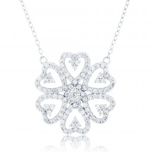 Sterling Silver Rhodium Plated Spinel Flower Necklace With Cubic Zirconia 18"