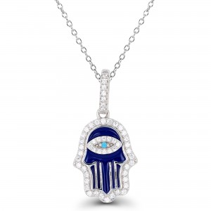 Sterling Silver Rhodium Plated Hamsa Necklace With Enamel & Cubic Zirconia 18"