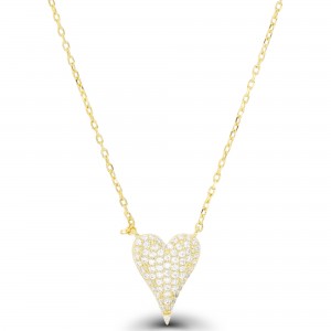 Sterling Silver Yellow Gold Plated Micropave Heart Necklace With Cubic Zirconia 18"+2"