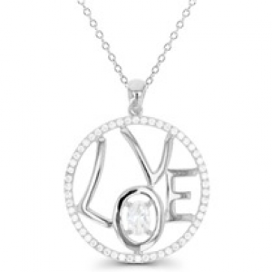 Sterling Silver Rhodium Plated Polished "LOVE" Halo Necklace With Cubic Zirconia 18"