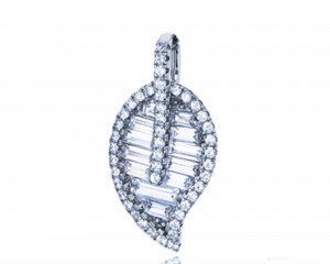 Sterling Silver Rhodium Plated Micropave Round and Baguette Leaf Pendant With CZ