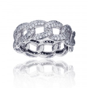 Sterling Silver Rhodium Plated Cuban Link Ring With Cubic Zirconia