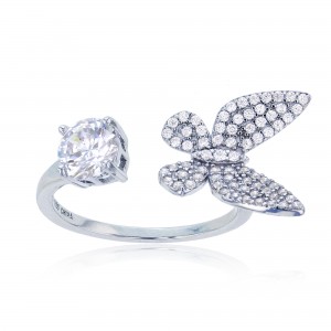 Sterling Silver Rhodium Plated Open Butterfly Ring With Cubic Zirconia